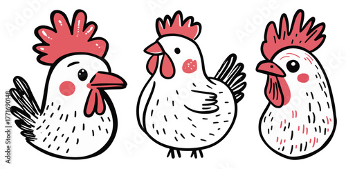 Cute Hand Drawn Chickens Trio – Doodle Farm Hen Vector Illustration