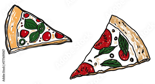 Pizza Slices with Tomato and Basil – Hand Drawn Italian Food Vector