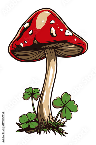 Cartoon Amanita Muscaria Mushroom with Clover. Red Toadstool Forest Vector Illustration.