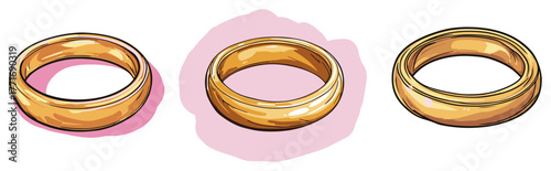 Set of hand-drawn golden wedding rings. Vector sketch illustration of marriage and love symbol.
