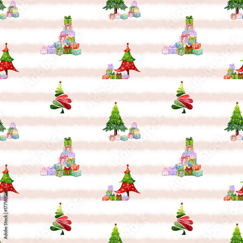 Watercolor Christmas Seamless Pattern with Gifts and Trees