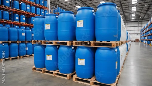 Warehouse storage of blue barrels stacked on wooden pallets, industrial setting.