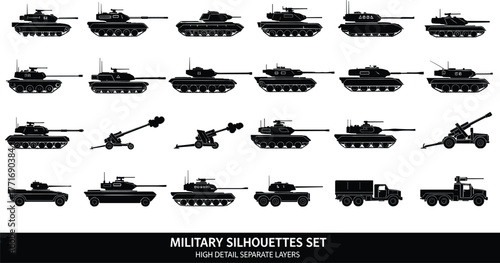 Military tank silhouettes collection, armored vehicle and artillery vector set, war machine icons, army equipment design, CAD drawing flat vector illustration