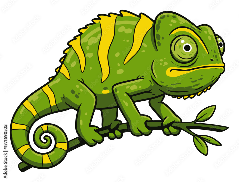 Obraz premium Cute Green Chameleon on Branch – Cartoon Reptile Lizard Vector