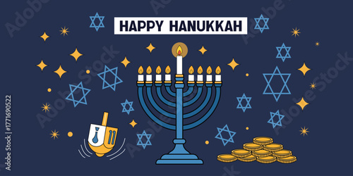 Happy Hanukkah Menorah with Dreidel and Star of David Illustration