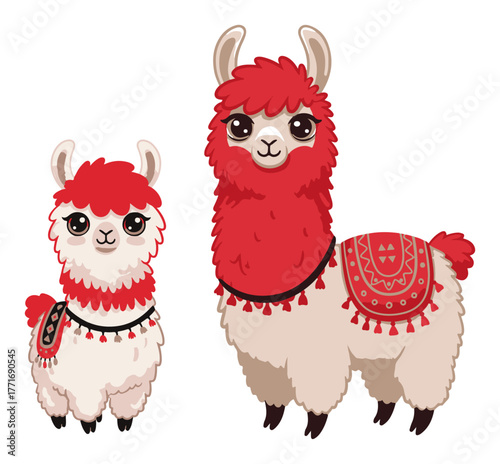 Cute Cartoon Llama and Alpaca Characters. Adorable Peruvian Animal Family Vector Illustration.