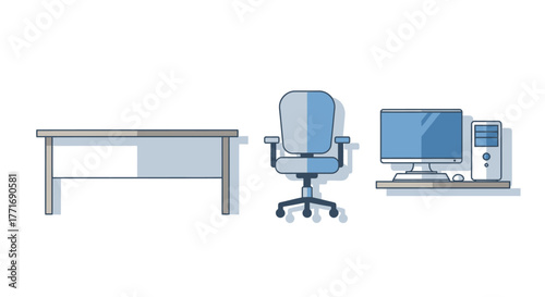 Office workspace scene with desk chair and computer minimalist vector design