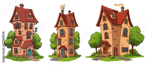 Set of cute cartoon fairytale houses. Whimsical old buildings vector illustration for children's books or games.