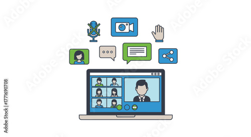 Video Call Interface on Laptop with Communication Icons and Participants
