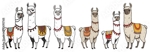 Llama Lineup in Colorful Saddles – Cute Cartoon Andes Pack Animal Vector Set