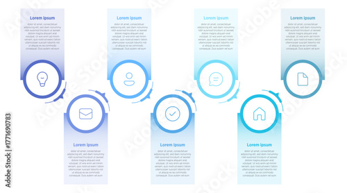 Modern infographic design featuring 7 rectangular presentation elements arranged in a horizontal row, illustrating the stages of a business development process. Clean and minimal layout ideal for 