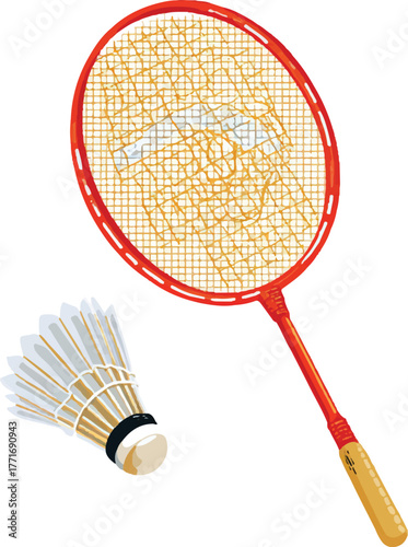 an illustration of a badminton racket and shuttlecock on a white background, with a simple, flat-color design