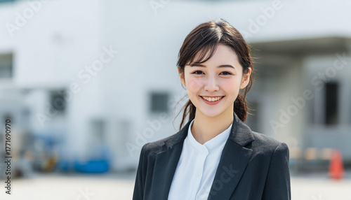 Free Download 青空の下、笑顔でカメラを見つめる若手ビジネスウーマンのポートレート - GFXLoad