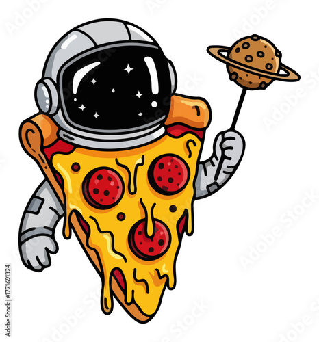 Astronaut Pizza Slice Mascot Holding Planet Space Food Cartoon Vector