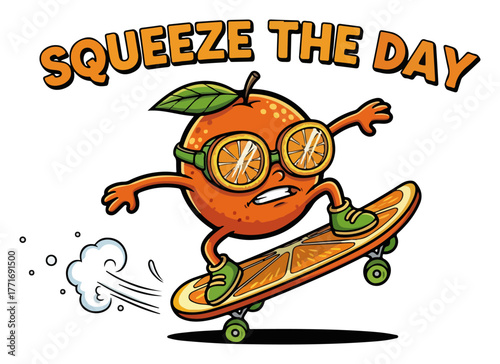 Cool orange character skateboarding with Squeeze the Day pun. Funny fruit mascot vector for T-shirt design or stickers.