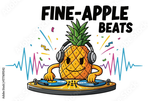 Cool pineapple DJ character with headphones playing music on turntables. Fine-Apple Beats funny fruit pun for party summer and t-shirt design