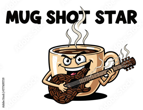 Funny coffee mug rockstar playing a coffee bean guitar. Mug Shot Star pun vector illustration for T-shirt design.