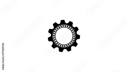 Simple black silhouette of a single gear with detailed teeth and inner ring on a white background