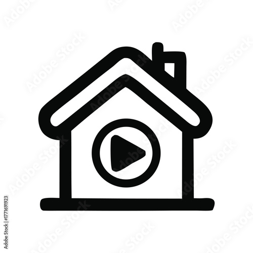 Simple and striking line art icon representing a video player or camera film reel, perfect for digital media and content creation