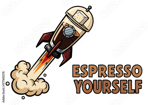 Funny Iced Coffee Pun Espresso Yourself. To-Go cup rocket ship cartoon vector illustration.