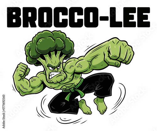 Strong broccoli martial arts fighter character. Funny Brocco-Lee pun. Vegan power mascot for gym or t-shirt design vector illustration