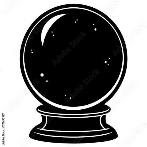 Silhouette of a black crystal ball on a stand. Halloween traditional design element, vector illustration.