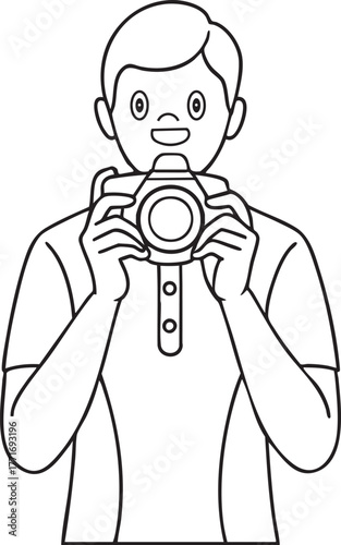 Young man holding dslr camera capturing a moment with enthusiastic smile and friendly expression