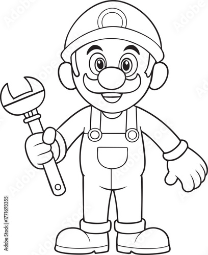 Cartoon plumber character holding a wrench coloring page fun for kids and fans