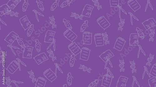 Colorful pattern featuring various scientific tools and notes on a vibrant purple background