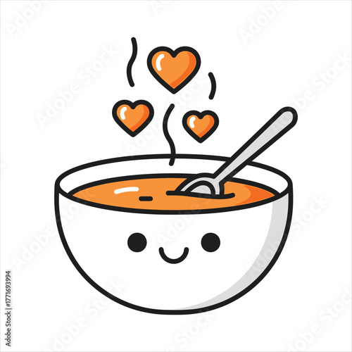 Cute Happy Comfort Soup Bowl with Hearts with vector illustration