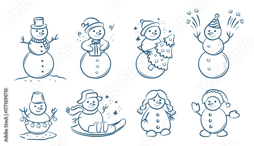 Set of cute hand-drawn doodle snowman on white background. Happy festive winter snowman illustration.