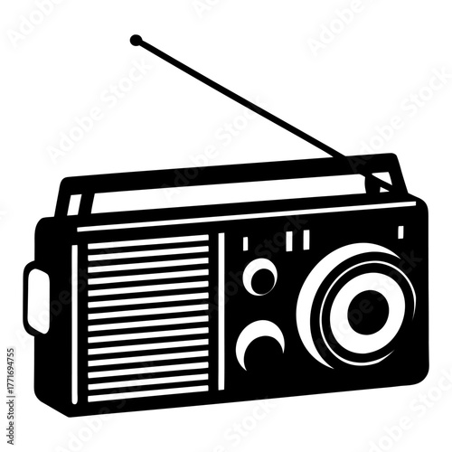 Vector illustration of a Retro portable radio with antenna and speaker grille in a stark black silhouette
