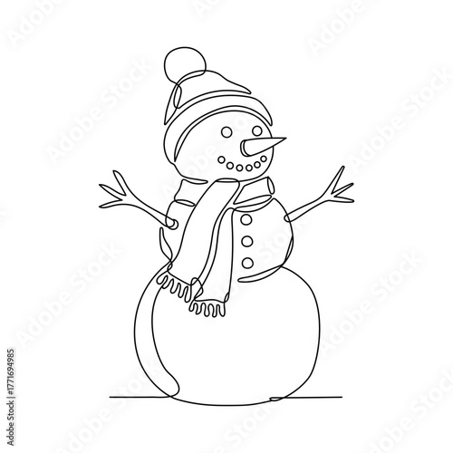 Outline of a profile in one line of a cheerful snowman wearing a winter hat and scarf. Perfect for winter holidays, Christmas, and seasonal greeting cards