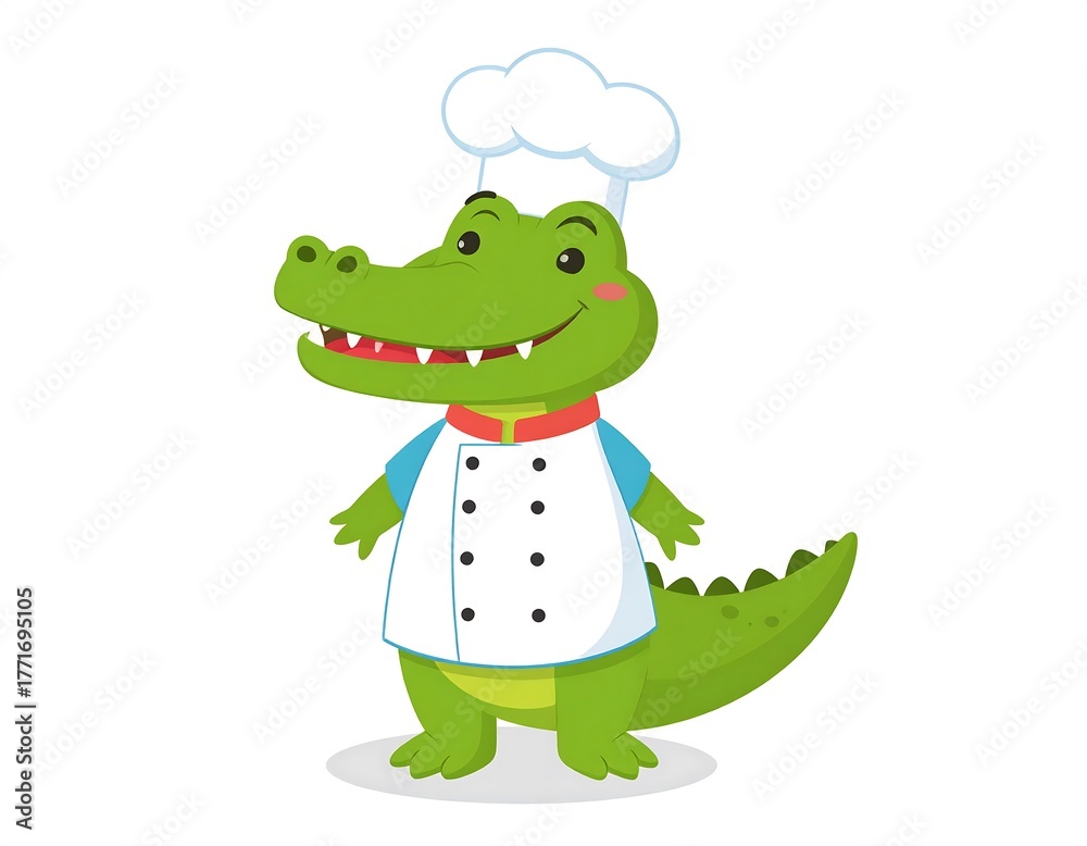 Fototapeta premium A cartoon alligator, dressed in a chef's hat and coat, smiling with a happy expression