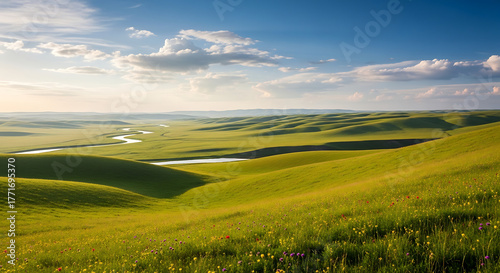 A scenic view of rolling green hills with a winding river under a partly cloudy blue sky landscape ai generated