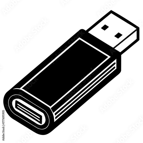 Vector illustration of a USB flash drive silhouette, storage device silhouette, digital data icon, USB flash drive outline silhouette 