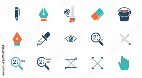 A collection of colorful flat design icons representing common graphic design and digital art software tools.