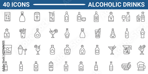 Alcoholic drink line editable icon set. Containing drink, beer, alcohol, wine, cocktail, whiskey, and more. Editable stroke. Vector illustration