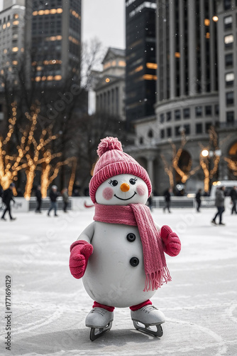 Cute snowman ice skating in city park during winter season