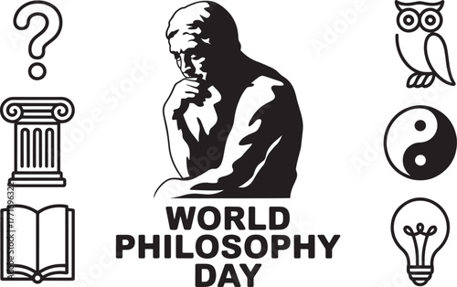 World Philosophy Day icons set with thinker sculpture, question mark, column, owl, yin yang