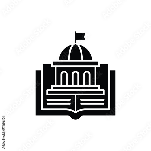 Black silhouette of a building on an open book, ideal for educational concepts, architecture, literature, and knowledgebased designs.