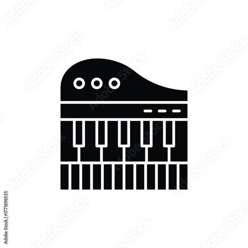 Black keyboard with keys and control knobs, ideal for musicrelated design projects, music education materials, and concert promotions.