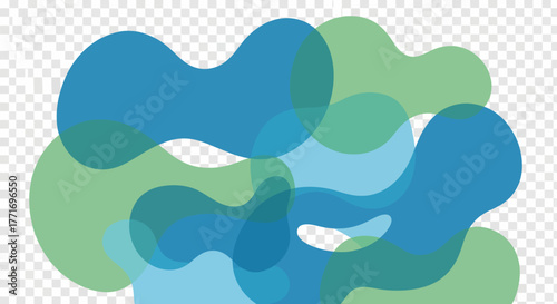 Abstract background with overlapping fluid organic shapes in blue and green on a transparent layer.
