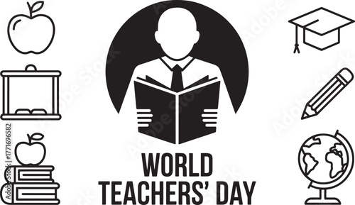 World Teachers Day greeting with education icons. Learning knowledge outline concept
