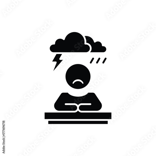 Sad person with storm cloud above head, depicting emotions, depression, anxiety, mental health struggles, sadness, stress, and negative feelings. Suitable for mental health awareness campaigns