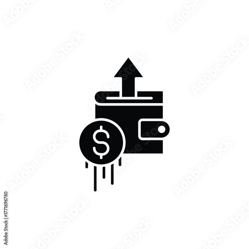 Wallet with money outflow illustrated by a dollar sign, great for financial concepts, budgeting, expenses, cash flow, and business finance.
