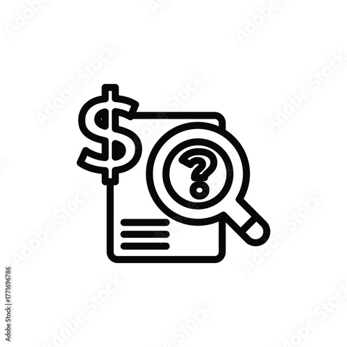 Dollar sign document and question mark magnifying glass. Perfect for financial investigation concepts or business analysis presentations. Great for financial design projects.