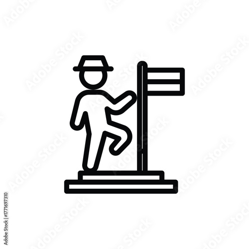 Person with hat climbs to flag representing success achievement, suitable for motivation or successthemed projects. Ideal for inspirational content.