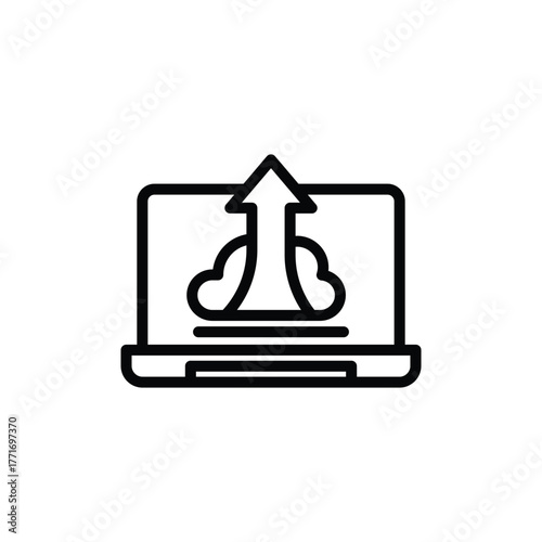 Laptop with arrow and clouds symbolizing cloud storage. Perfect for technology blogs, presentations, websites, and articles on cloud computing.