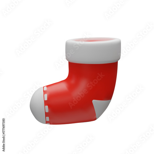 A 3D classic Christmas stocking, isolated on a white background. This festive object is a traditional symbol of the holiday season, Christmas, and gift-giving.